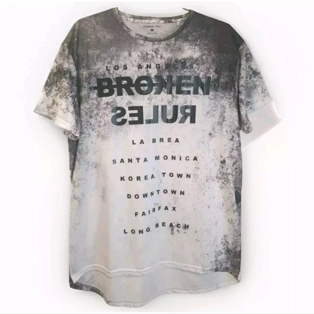 Cedarwood State Graphic Tee Men XL Longline LA Broken Rules Black Splatter Nwt
